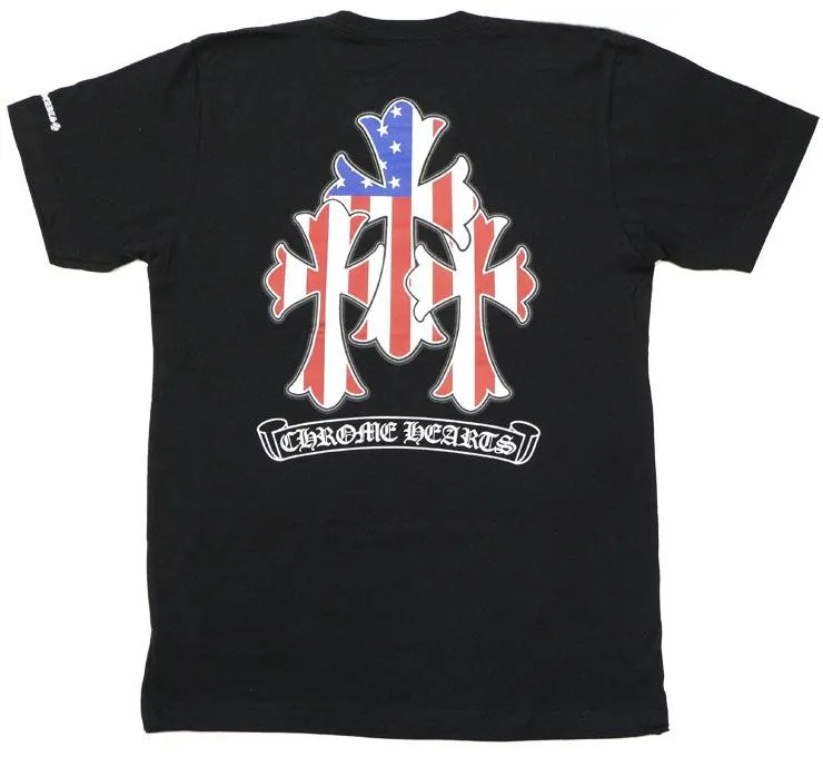 Chrome Heartsクロムハーツ Tシャツ 3セメタリークロス スター＆ストライプ ブラック