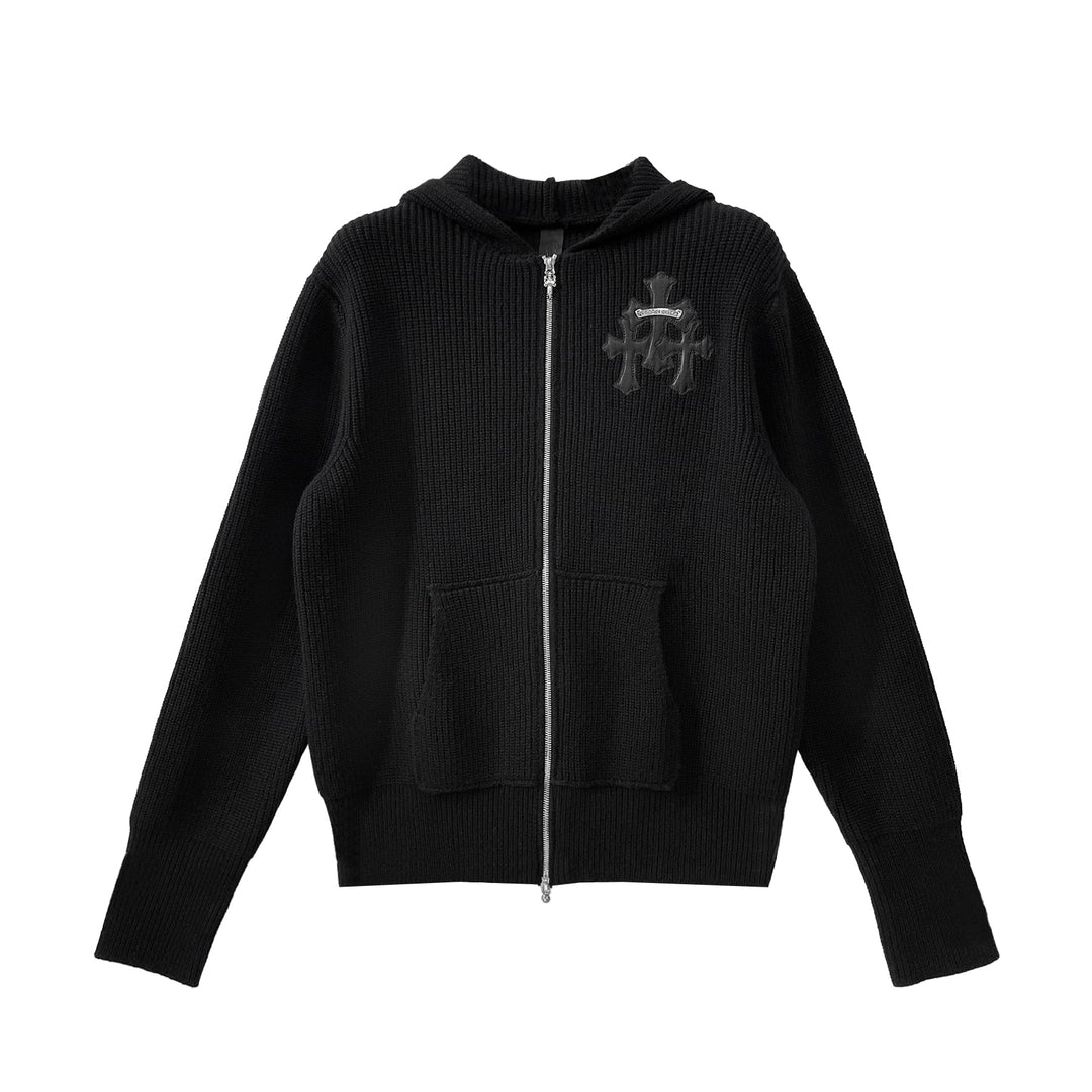 CHROME HEARTS(クロムハーツ) ブラック カシミア レザー クロス ジップアップ パーカー セーター