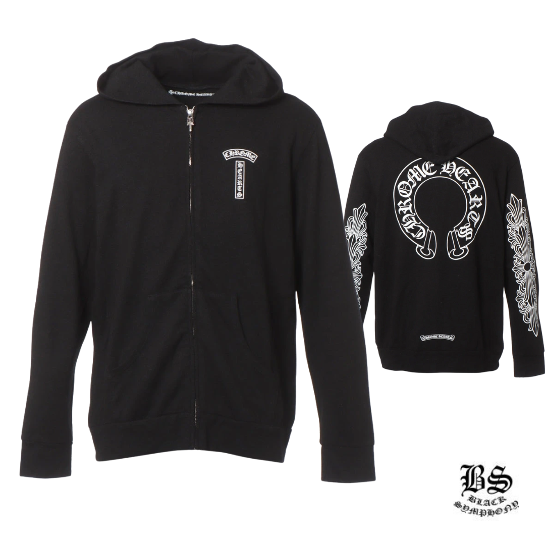 クロムハーツ ホースシュー パーカー コットン×ポリエステル×レーヨンブラック ダガージップ 袖フローラルクロス