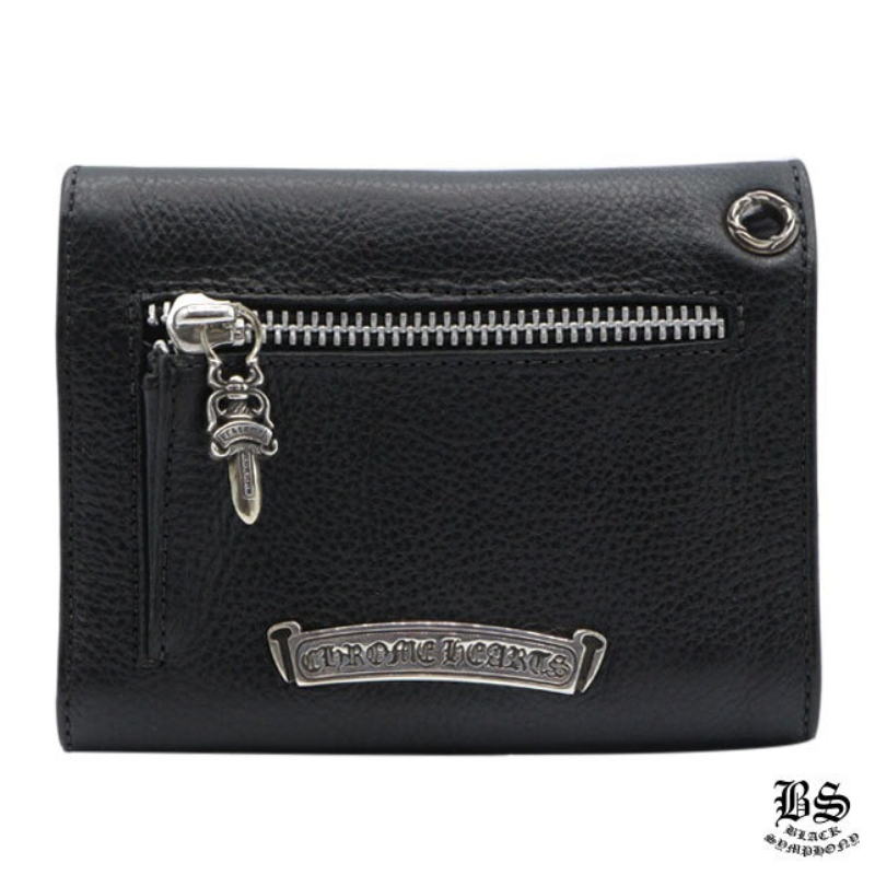 クロムハーツ ウェーブウォレット クロスボタン ブラック ヘビーレザー ミニ　財布