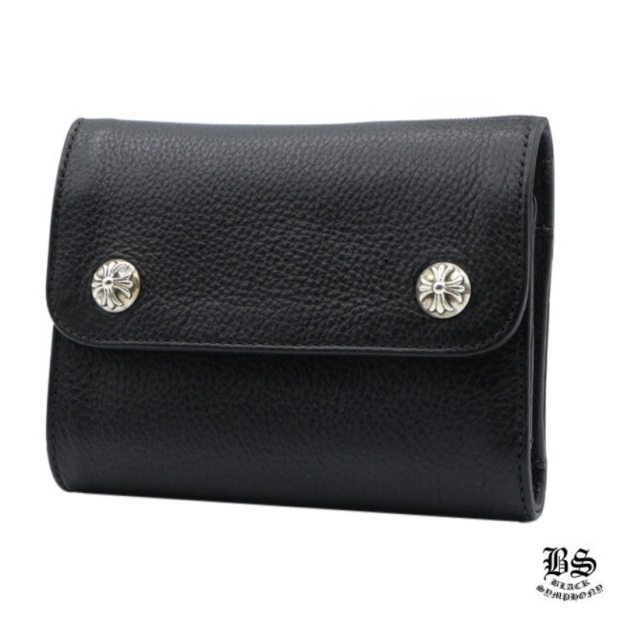 クロムハーツ ウェーブウォレット クロスボタン ブラック ヘビーレザー ミニ　財布