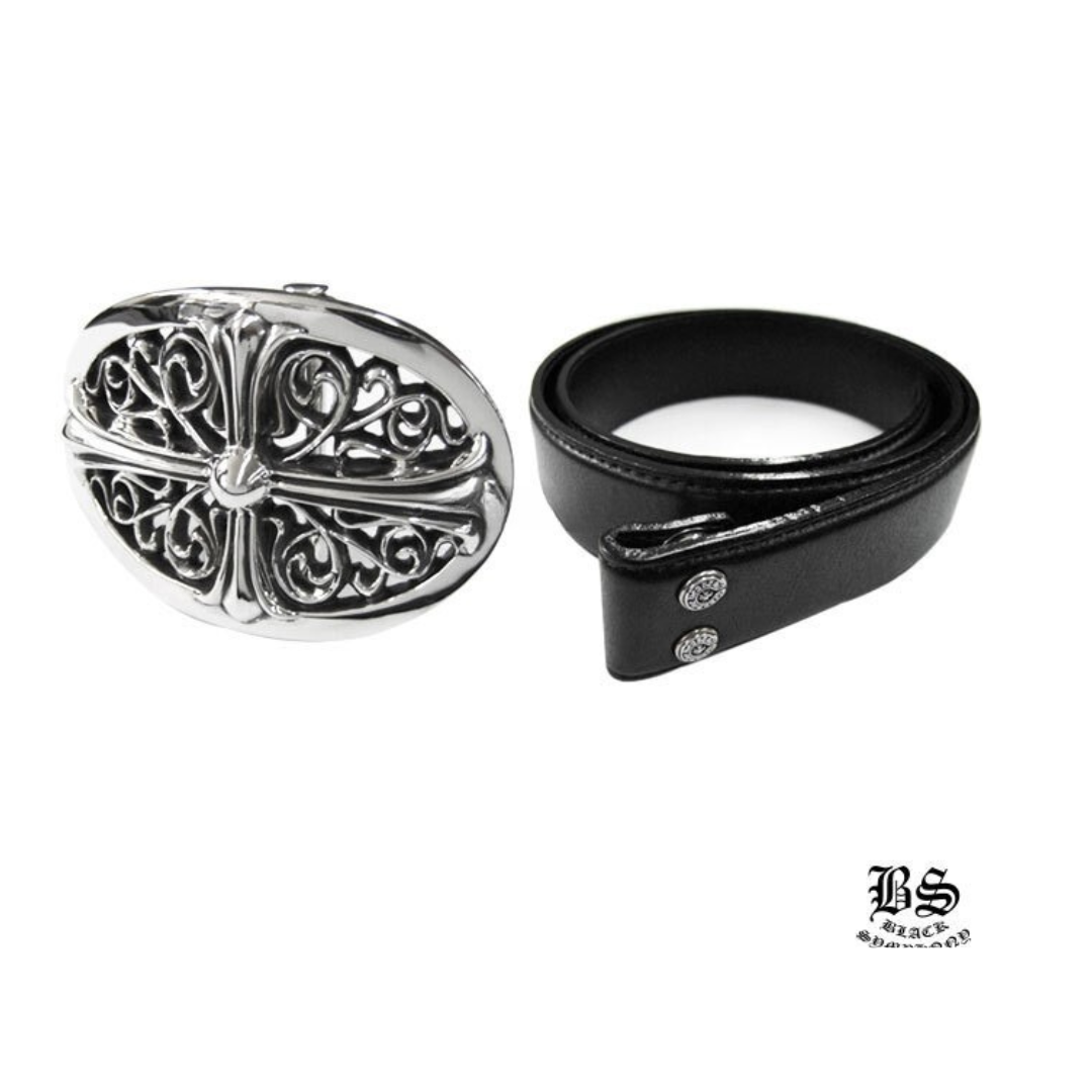 クロムハーツ クラシックオーバルクロスバックル＆プレーンブラックレザー1.5ホースシューリベット ベルトセット