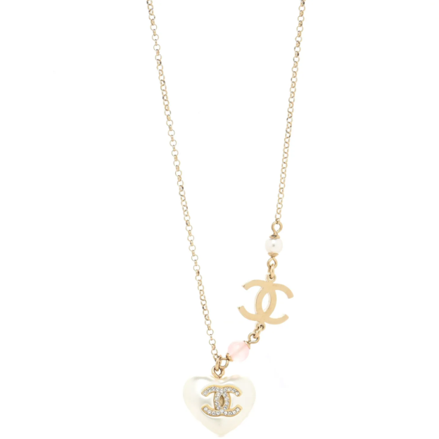 【国内発送/直営店】パール クリスタル CC ハート ネックレス ゴールド パール ホワイト