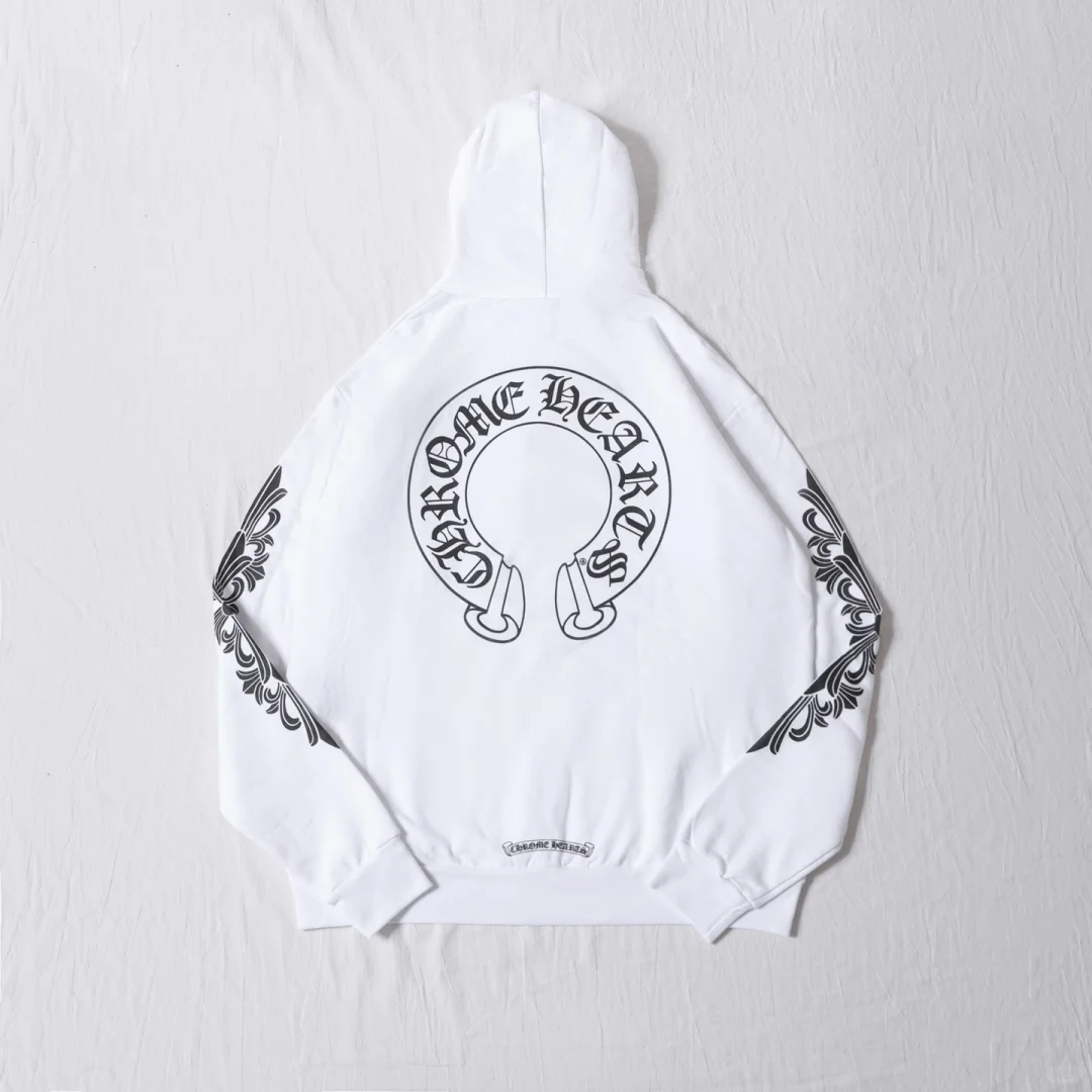 クロムハーツ Chrome Hearts　SWTSHRT PLVR 袖フローラルバックホースシュープリントパーカー(ホワイト)