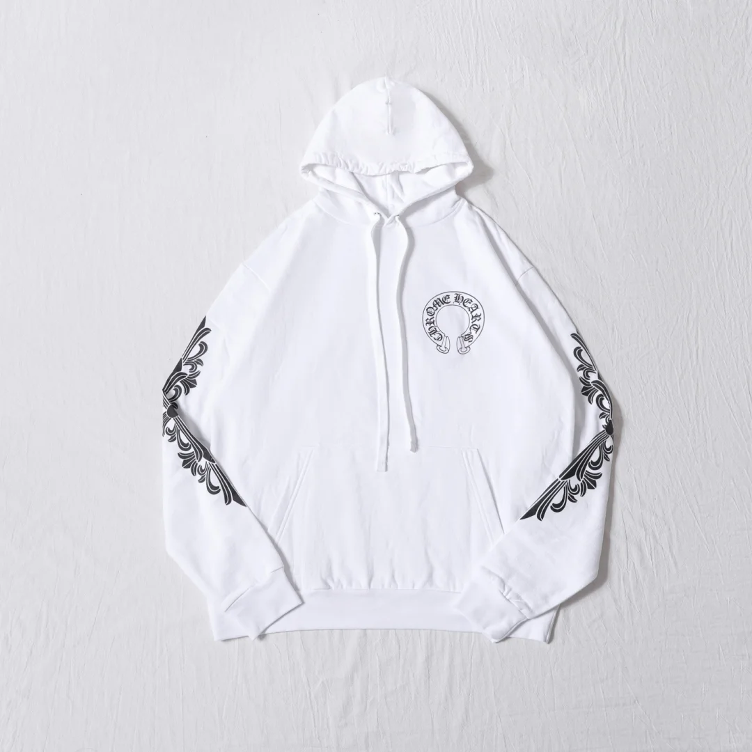 クロムハーツ Chrome Hearts　SWTSHRT PLVR 袖フローラルバックホースシュープリントパーカー(ホワイト)