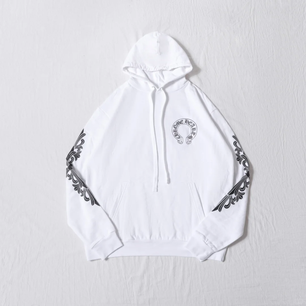 クロムハーツ Chrome Hearts　SWTSHRT PLVR 袖フローラルバックホースシュープリントパーカー(ホワイト)