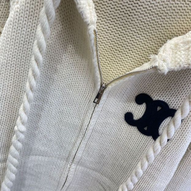 CELINE刺繍ロゴジャカード連帽ニットカーディガン