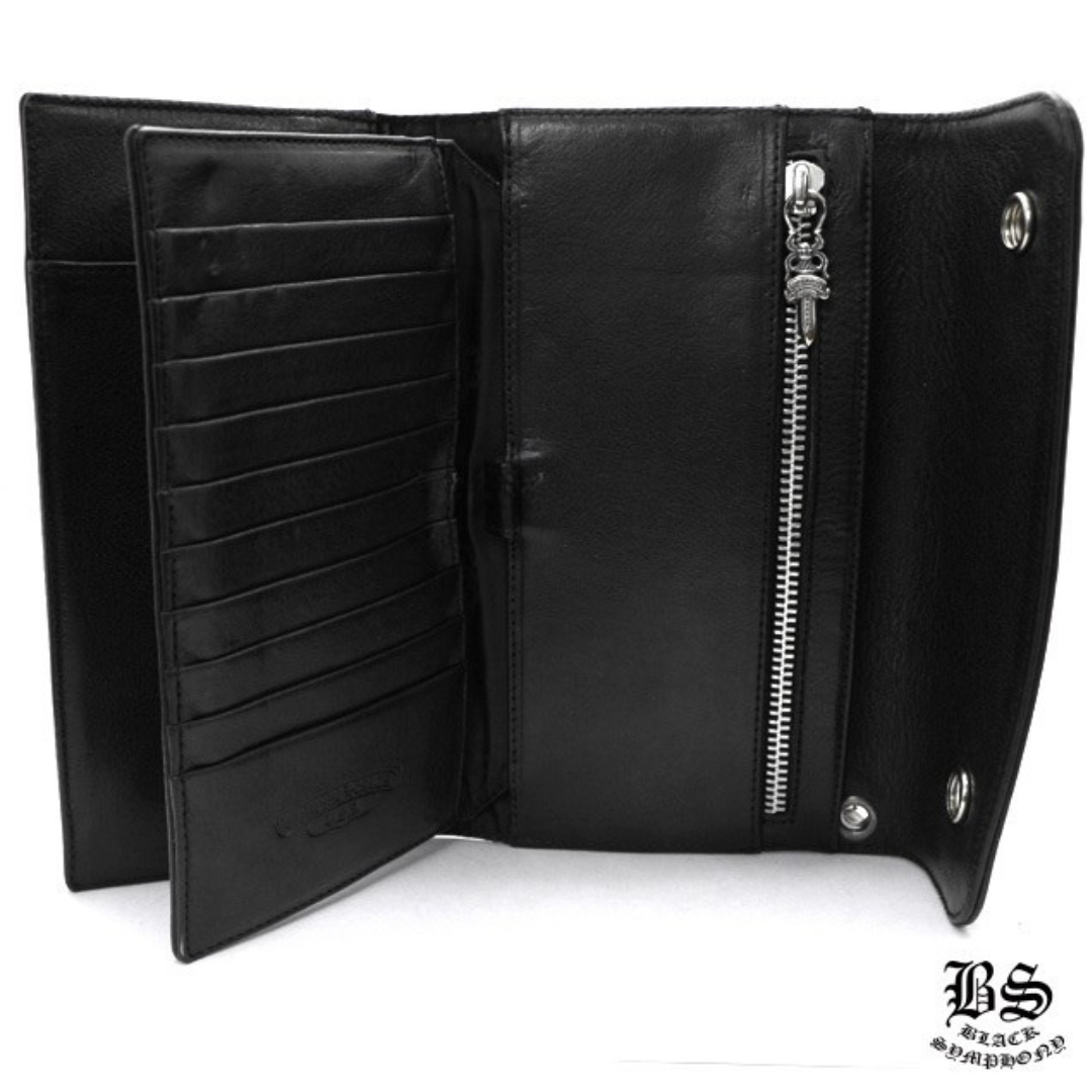 クロムハーツ ウェーブウォレット クロスボタン ブラック ヘビーレザー