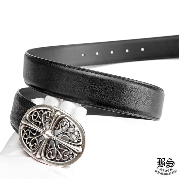 クロムハーツ クラシックオーバルクロスバックル＆プレーンブラックレザー1.5ホースシューリベット ベルトセット
