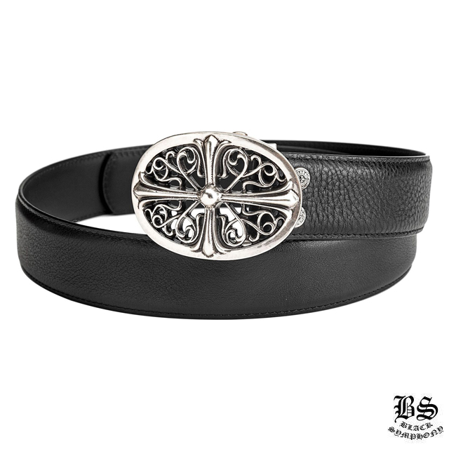 クロムハーツ クラシックオーバルクロスバックル＆プレーンブラックレザー1.5ホースシューリベット ベルトセット