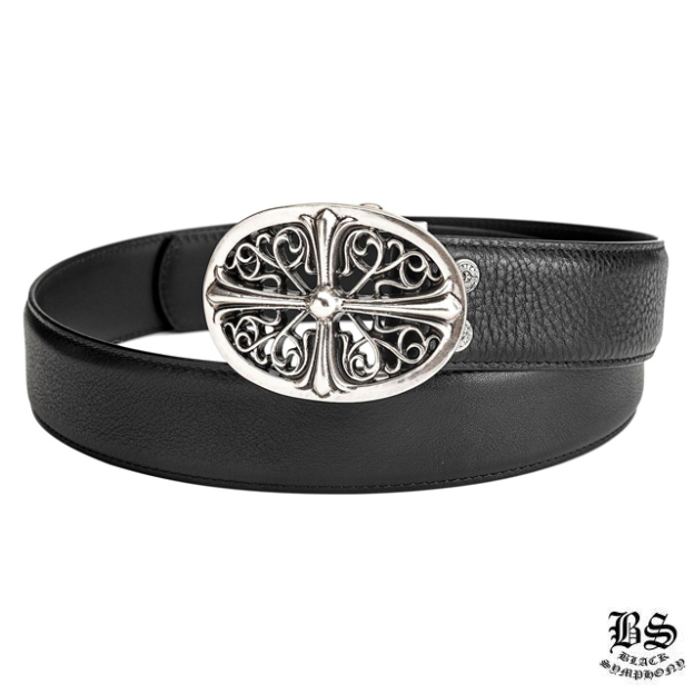 クロムハーツ クラシックオーバルクロスバックル＆プレーンブラックレザー1.5ホースシューリベット ベルトセット