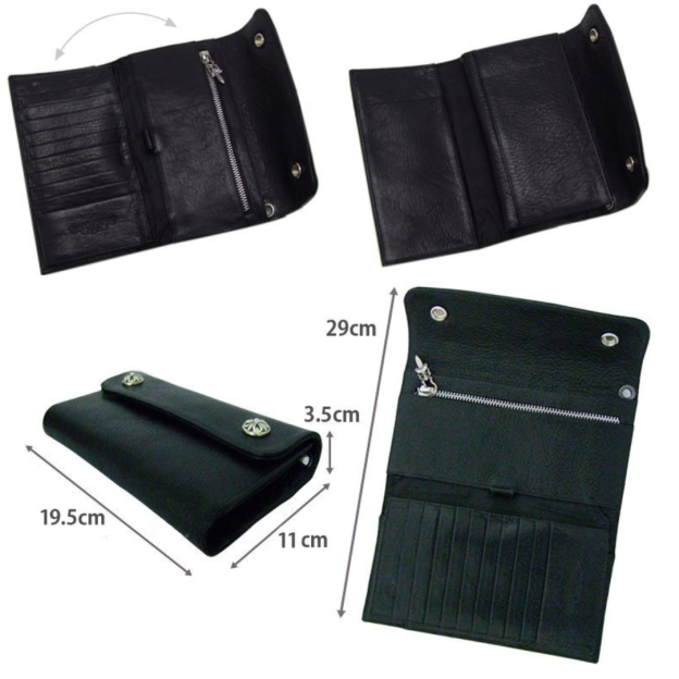 クロムハーツ ウェーブウォレット クロスボタン ブラック ヘビーレザー