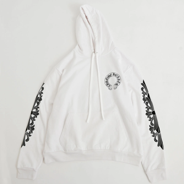 クロムハーツ Chrome Hearts　SWTSHRT PLVR 袖フローラルバックホースシュープリントパーカー(ホワイト)