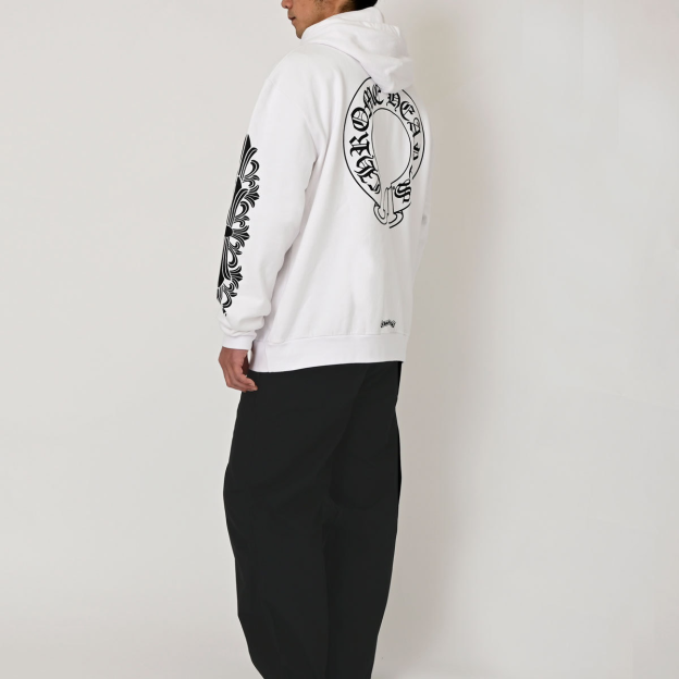 クロムハーツ Chrome Hearts　SWTSHRT PLVR 袖フローラルバックホースシュープリントパーカー(ホワイト)
