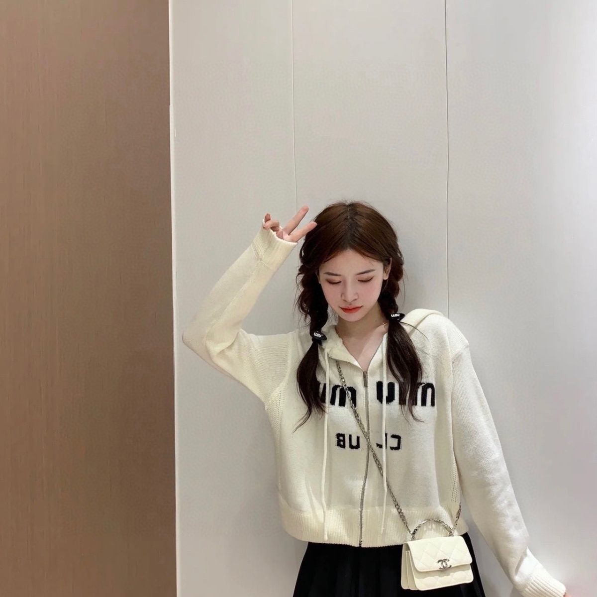 MIU MIUニットフード付きカーディガンコートセーター