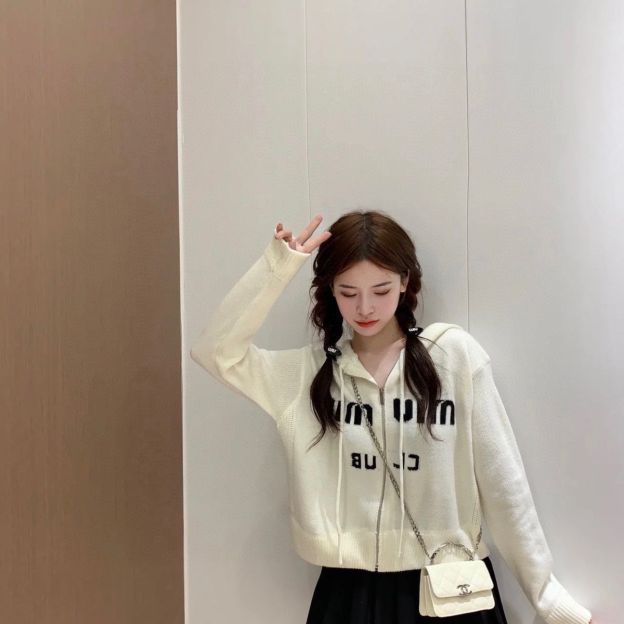 MIU MIUニットフード付きカーディガンコートセーター