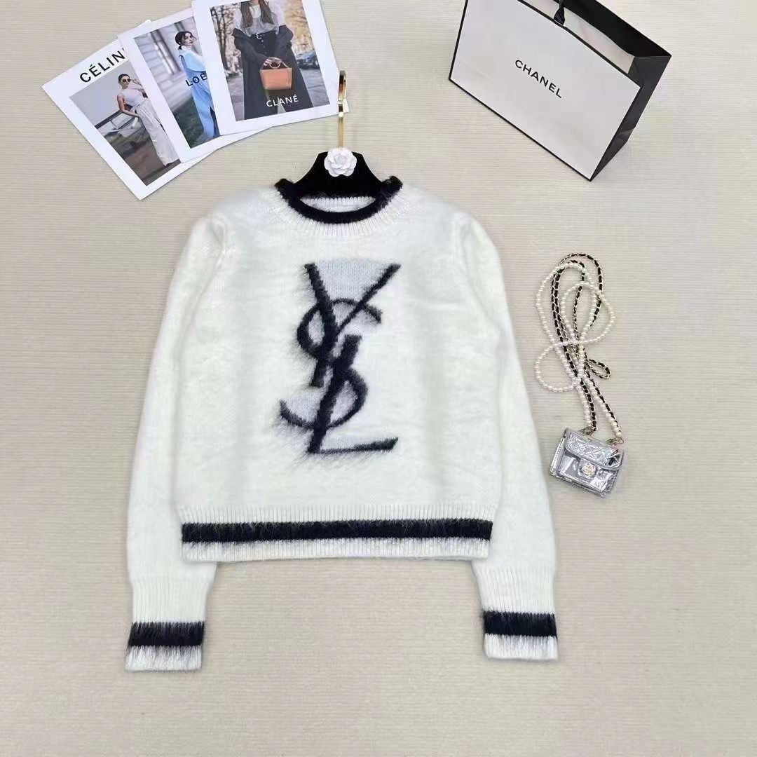 YSL 馬海毛胸に文字ロゴニットセーター   
