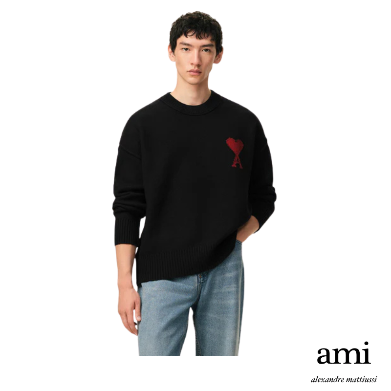 Ami paris  ブラック ウール Ami De Coeur クルーネック セーター