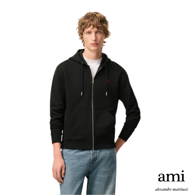 Ami paris【パーマネントコレクション】ブラック オーガニックコットン Ami de Coeur ジップパーカー