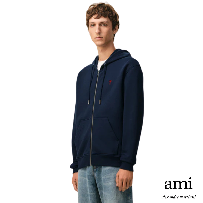 Ami paris【パーマネントコレクション】ブルー オーガニックコットン Ami de Coeur ジップパーカー