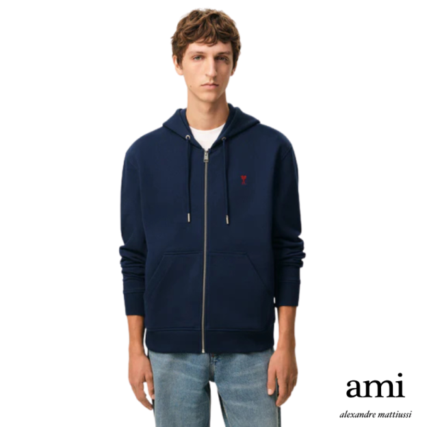 Ami paris【パーマネントコレクション】ブルー オーガニックコットン Ami de Coeur ジップパーカー