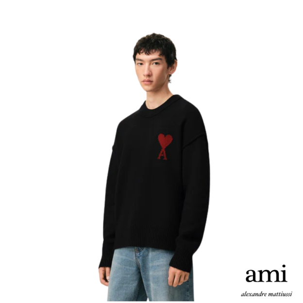 Ami paris  ブラック ウール Ami De Coeur クルーネック セーター