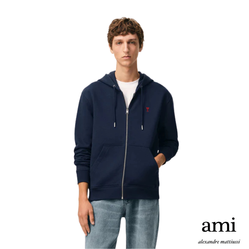 Ami paris【パーマネントコレクション】ブルー オーガニックコットン Ami de Coeur ジップパーカー