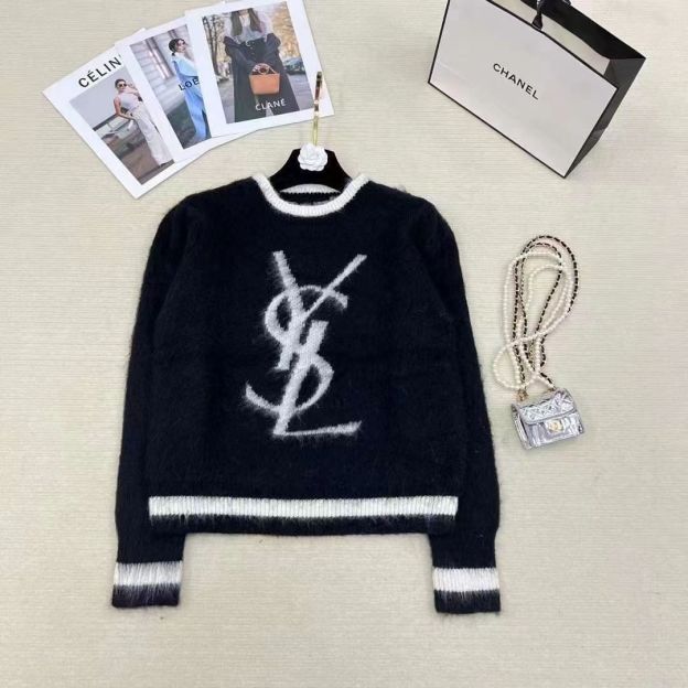 YSL 馬海毛胸に文字ロゴニットセーター   
