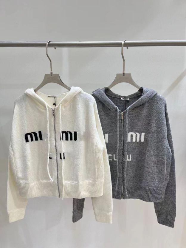 MIU MIUニットフード付きカーディガンコートセーター