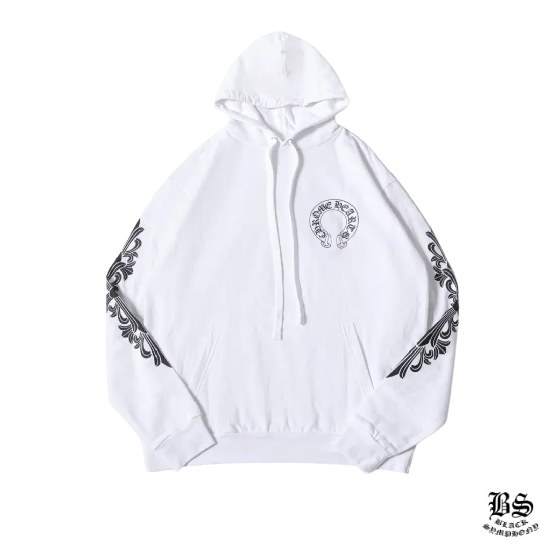 クロムハーツ Chrome Hearts　SWTSHRT PLVR 袖フローラルバックホースシュープリントパーカー(ホワイト)