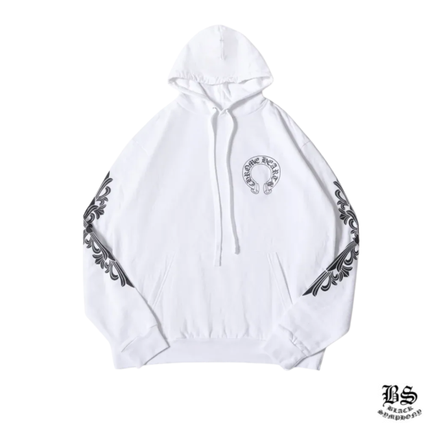 クロムハーツ Chrome Hearts　SWTSHRT PLVR 袖フローラルバックホースシュープリントパーカー(ホワイト)