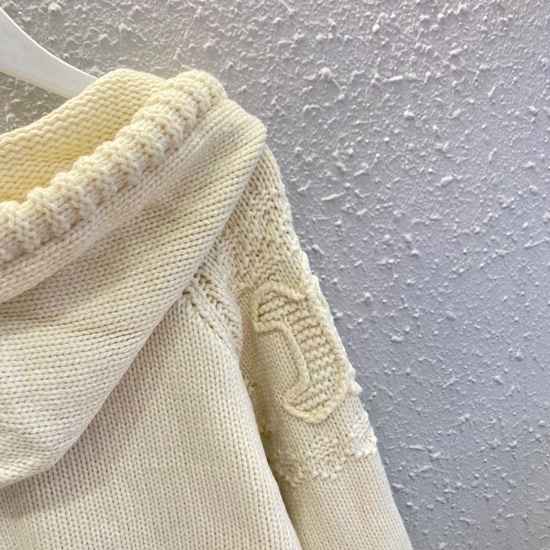 CELINE刺繍ロゴジャカード連帽ニットカーディガン