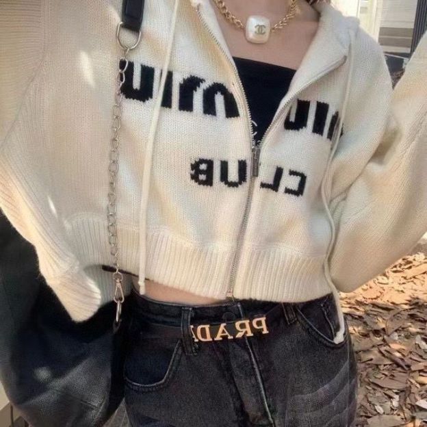 MIU MIUニットフード付きカーディガンコートセーター