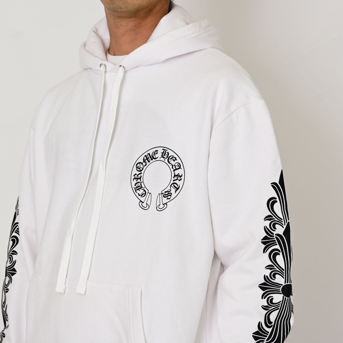 クロムハーツ Chrome Hearts　SWTSHRT PLVR 袖フローラルバックホースシュープリントパーカー(ホワイト)