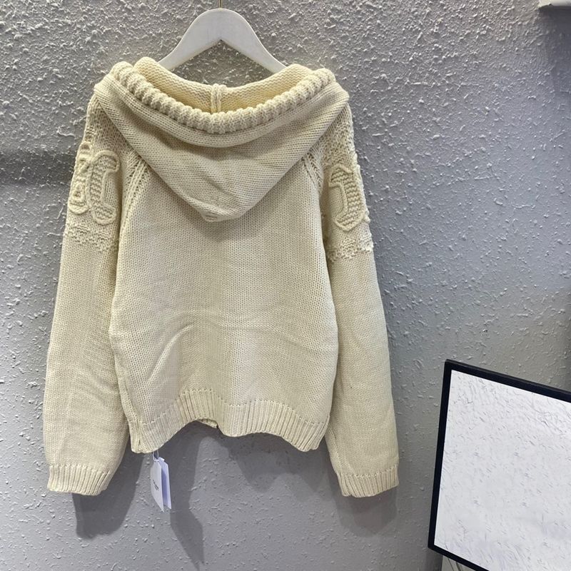 CELINE刺繍ロゴジャカード連帽ニットカーディガン