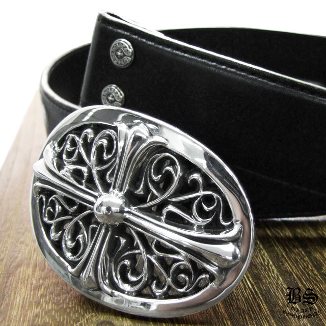 クロムハーツ クラシックオーバルクロスバックル＆プレーンブラックレザー1.5ホースシューリベット ベルトセット