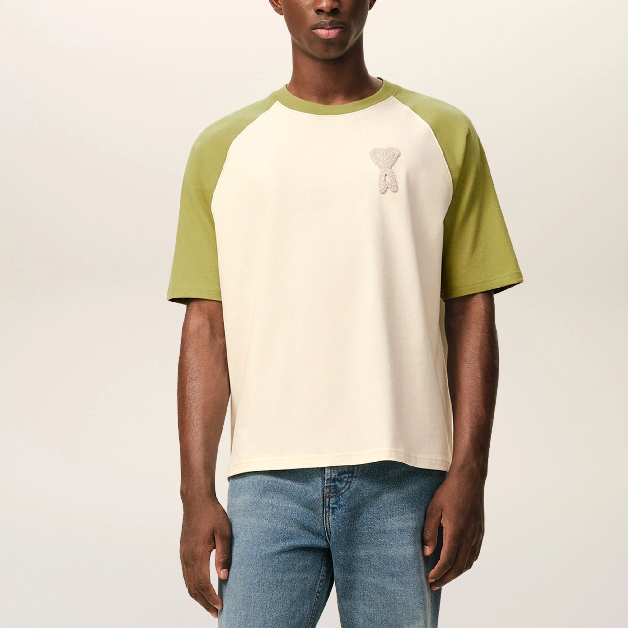 ホワイト＆グリーン コットン Ami De Coeur ニットパッチ Tシャツ