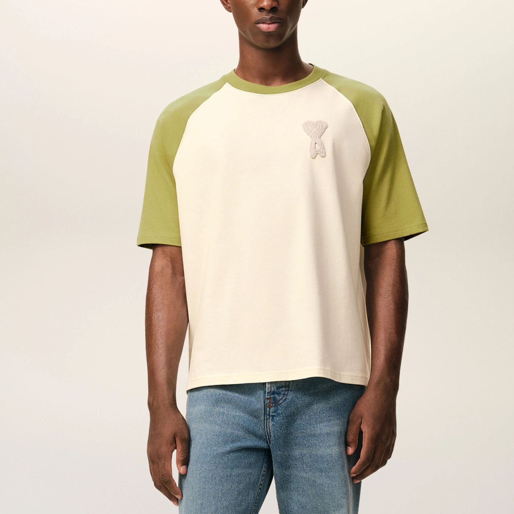 ホワイト＆グリーン コットン Ami De Coeur ニットパッチ Tシャツ