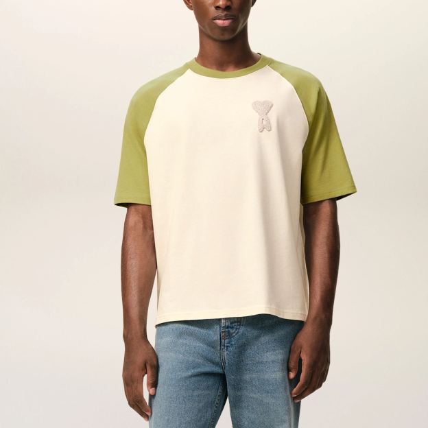 ホワイト＆グリーン コットン Ami De Coeur ニットパッチ Tシャツ