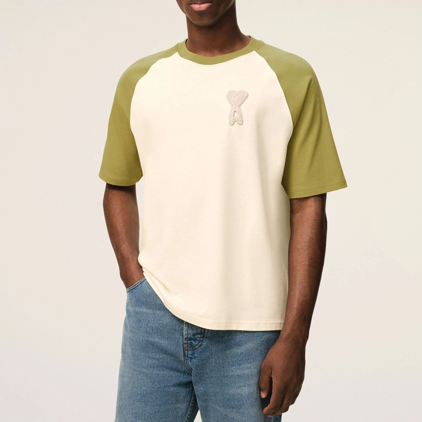 ホワイト＆グリーン コットン Ami De Coeur ニットパッチ Tシャツ