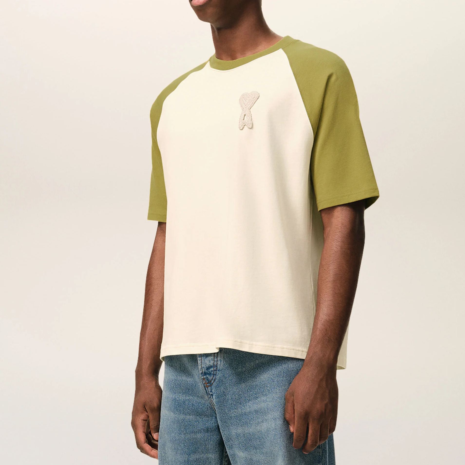 ホワイト＆グリーン コットン Ami De Coeur ニットパッチ Tシャツ