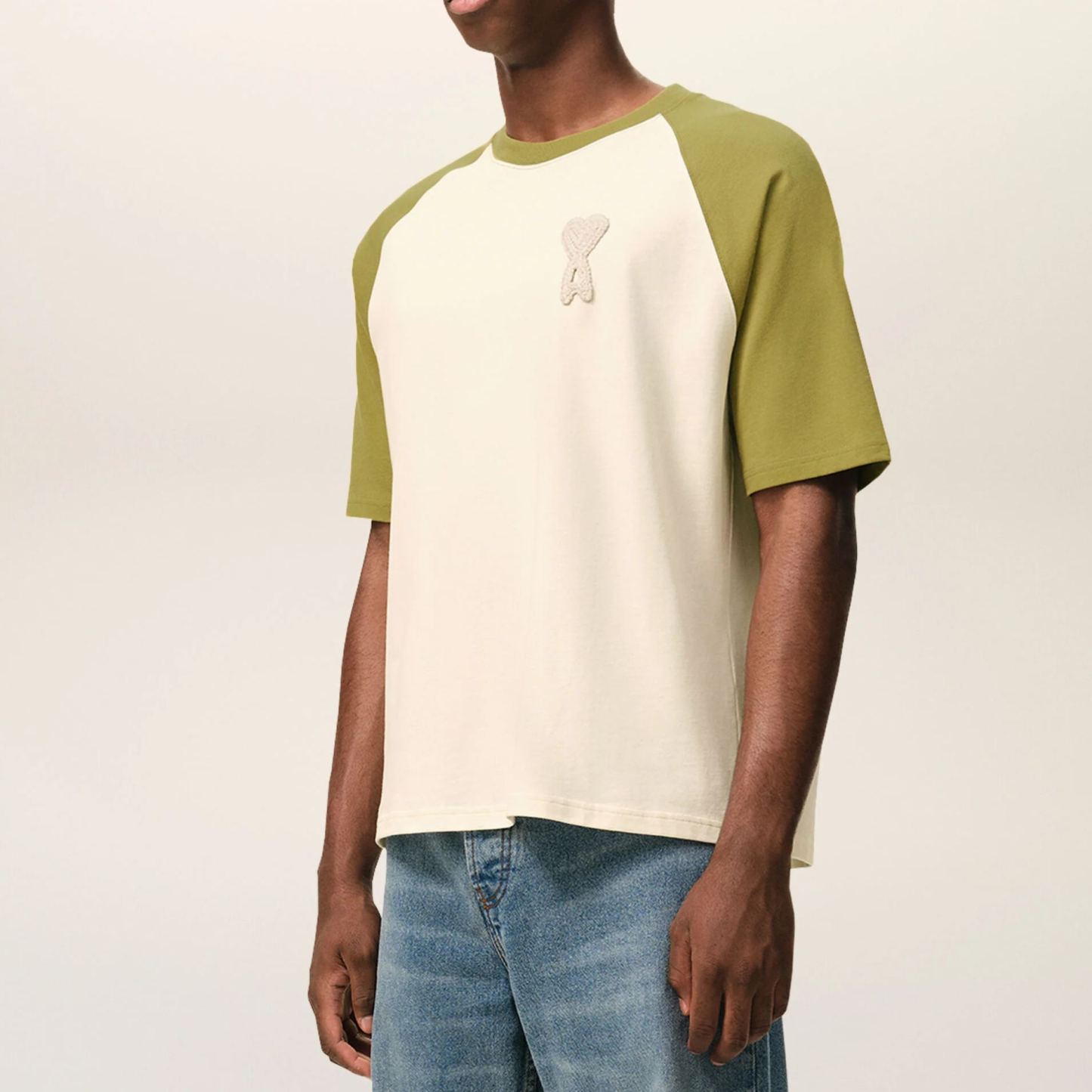 ホワイト＆グリーン コットン Ami De Coeur ニットパッチ Tシャツ