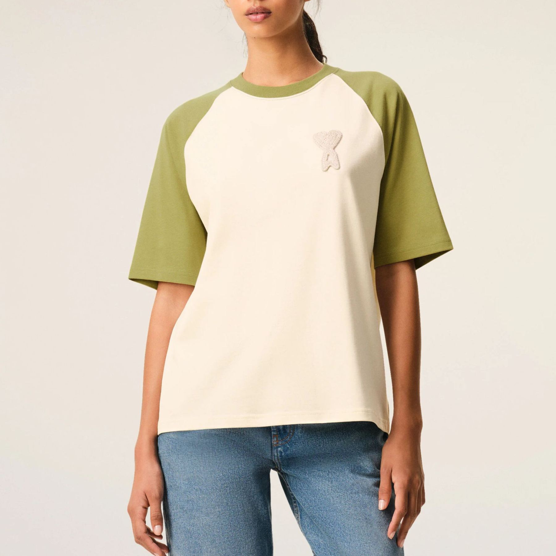 ホワイト＆グリーン コットン Ami De Coeur ニットパッチ Tシャツ