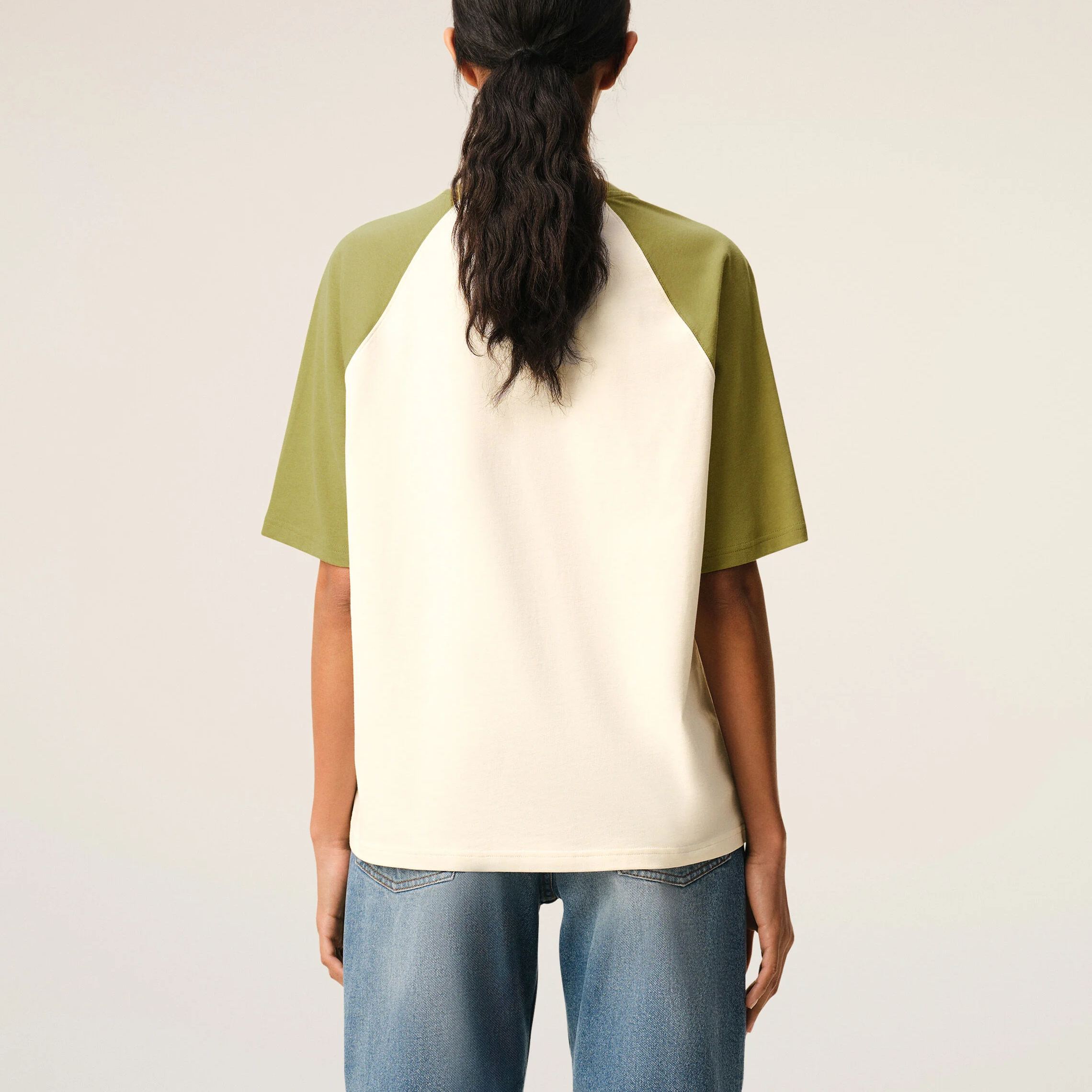 ホワイト＆グリーン コットン Ami De Coeur ニットパッチ Tシャツ