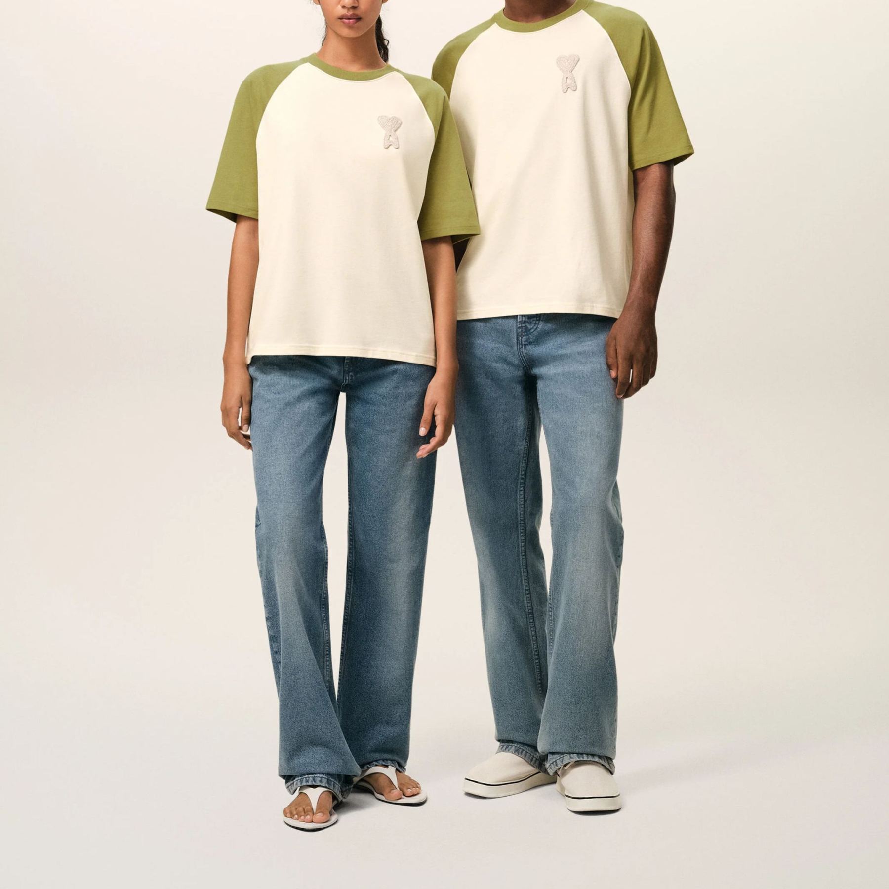 ホワイト＆グリーン コットン Ami De Coeur ニットパッチ Tシャツ