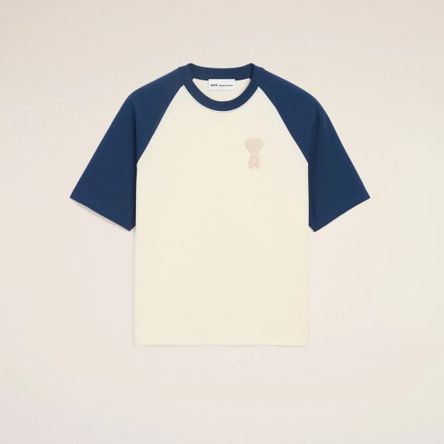 ホワイト＆ブルー コットン Ami De Coeur ニットパッチ Tシャツ