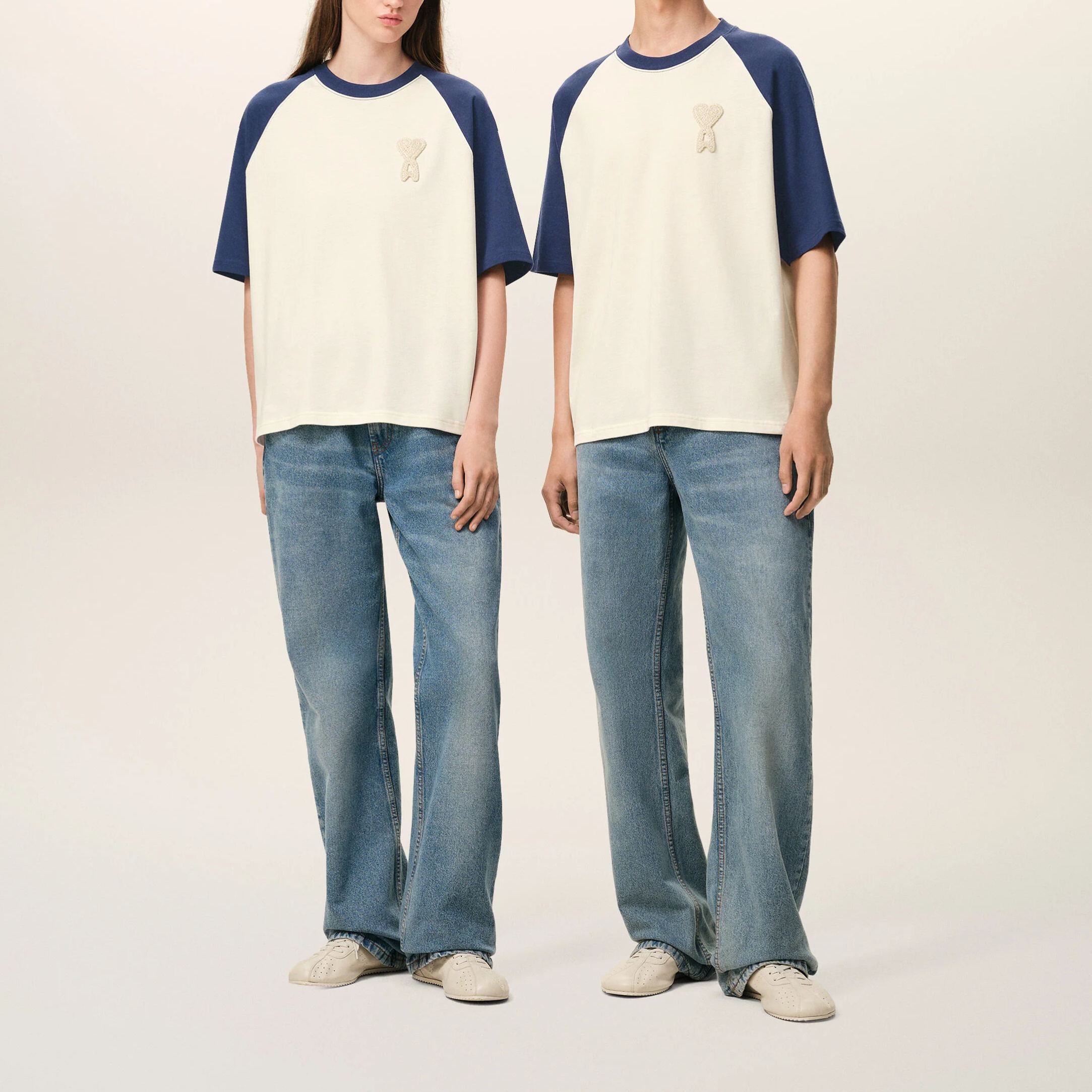 ホワイト＆ブルー コットン Ami De Coeur ニットパッチ Tシャツ