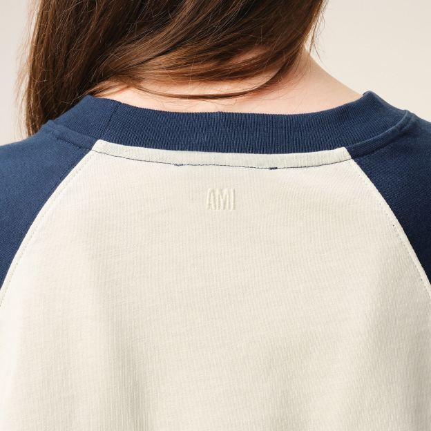 ホワイト＆ブルー コットン Ami De Coeur ニットパッチ Tシャツ