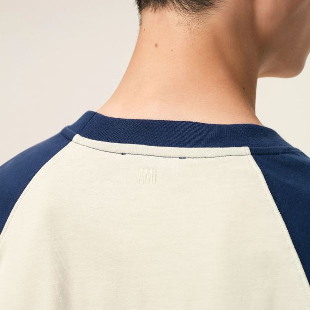 ホワイト＆ブルー コットン Ami De Coeur ニットパッチ Tシャツ