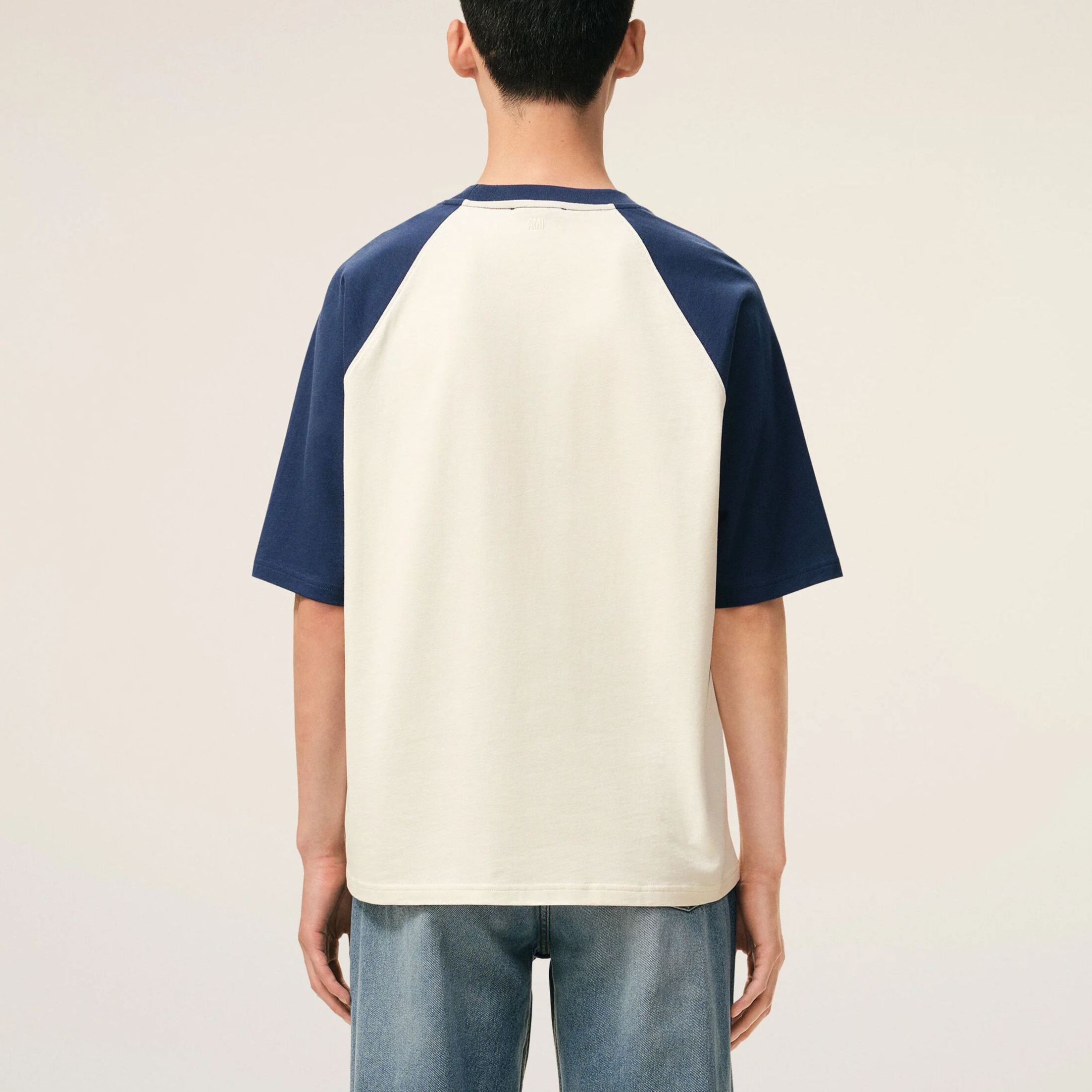 ホワイト＆ブルー コットン Ami De Coeur ニットパッチ Tシャツ